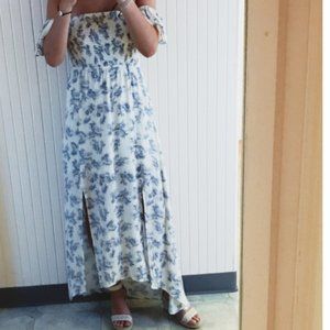 blue/white strapless floral dress maxi